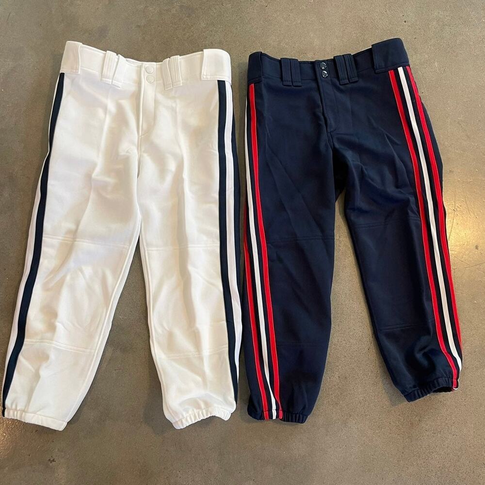 Mizuno athletic softball belted pants navy blue tri stripe white new women small